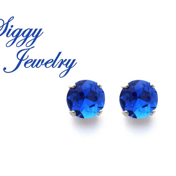 Sapphire Blue Crystal Gumdrop Earrings, 8mm Solitaire Studs, Posts, Silver Tone - Picture 1 of 6